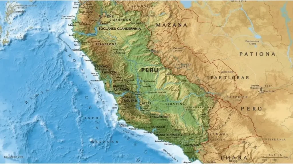 Mapa físico del Perú mostrando los tres grandes biomas: costa desértica, cordillera andina y selva amazónica