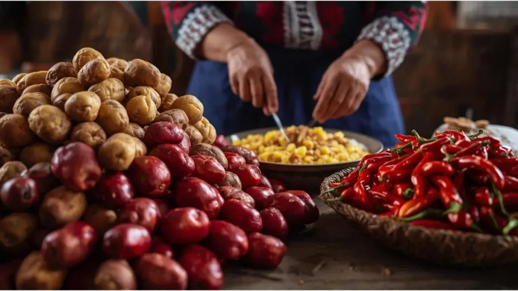Abuela quechua preparando causa rellena en cocina tradicional con papas nativas coloridas y ajíes frescos