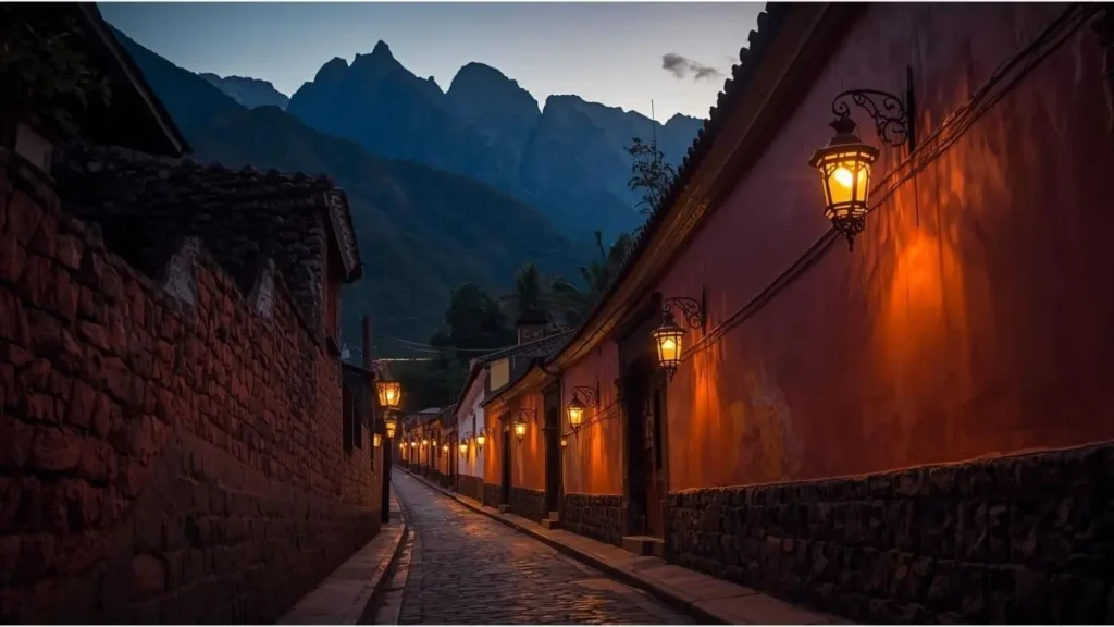 Calle empinada de Aguas Calientes al atardecer con faroles coloniales y montañas imponentes al fondo