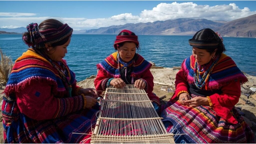 Familia aimara en las orillas del Lago Titicaca. Las mujeres usan bombachas coloridas, monteras y mantos tejidos que identifican su comunidad de origen