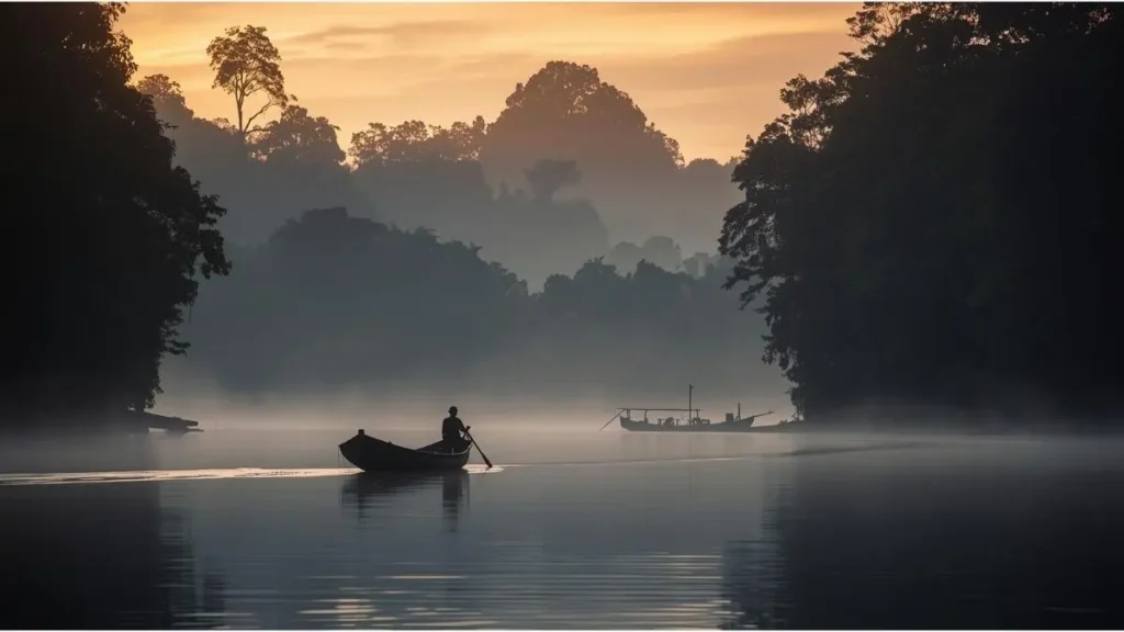 Amanhecer na selva amazônica com névoa sobre rio Madre de Dios, canoa tradicional e silhuetas de árvores gigantes