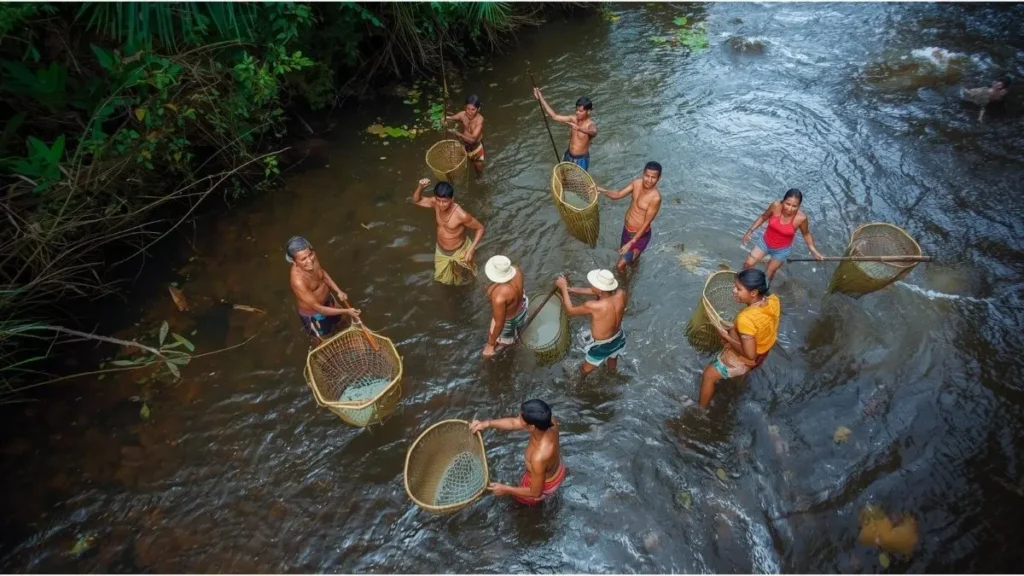  Comunidad indígena Ese'eja en la Amazonía peruana mostrando técnicas tradicionales de pesca sostenible