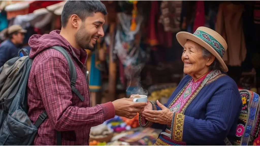 Viajante conversando con anciana quechua en mercado cusqueño, recibiendo mate de coca humeante con gesto de gratitud