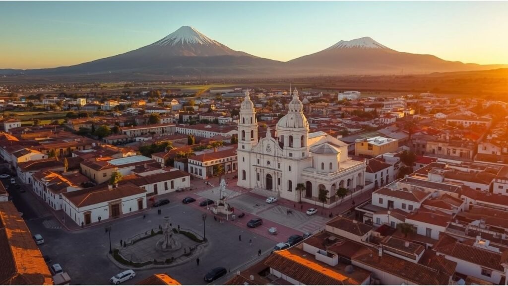 Plaza de Armas de Arequipa con catedral de sillar blanco y nevados al fondo