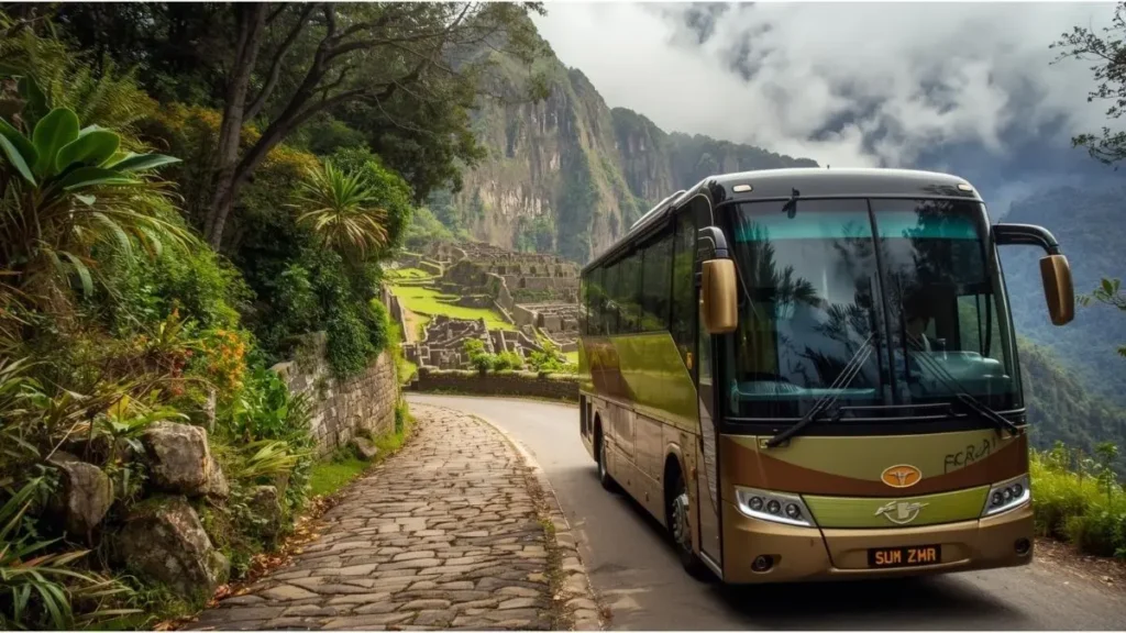 Bus ecológico ascendiendo por camino serpenteante desde Aguas Calientes hacia entrada de Machu Picchu