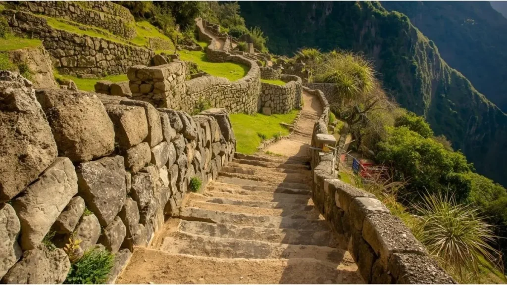 Tramo del Camino Inca cerca de Wiñay Wayna con escalinatas de piedra milenarias serpentando por la ladera andina