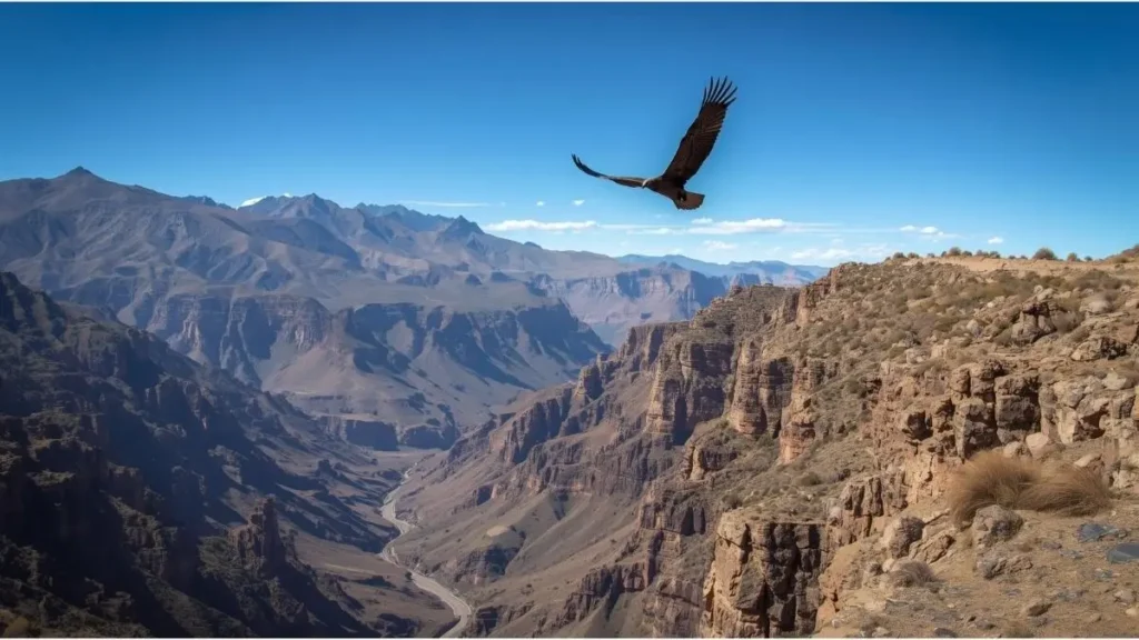 Cañón del Colca en Arequipa con cóndor andino en vuelo