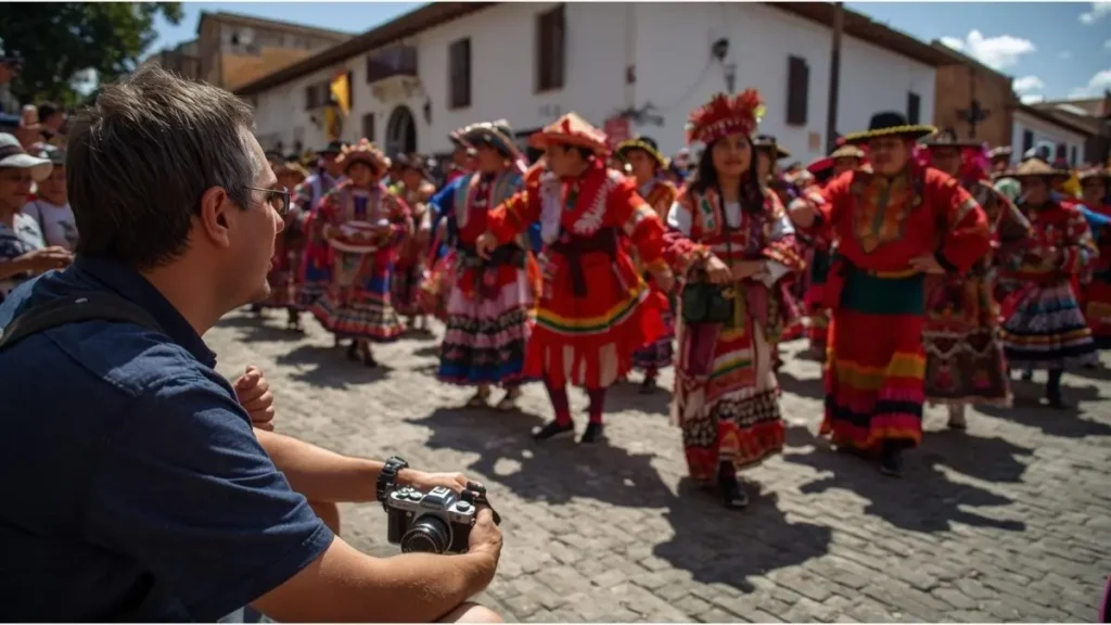 Viajante sentado a distância respeitosa observando procissão de dançarinos da Diablada em Paucartambo, com câmera guardada no colo