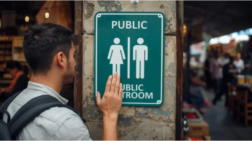 Viajante evaluando condiciones de baño público en mercado de Surquillo Lima antes de entrar