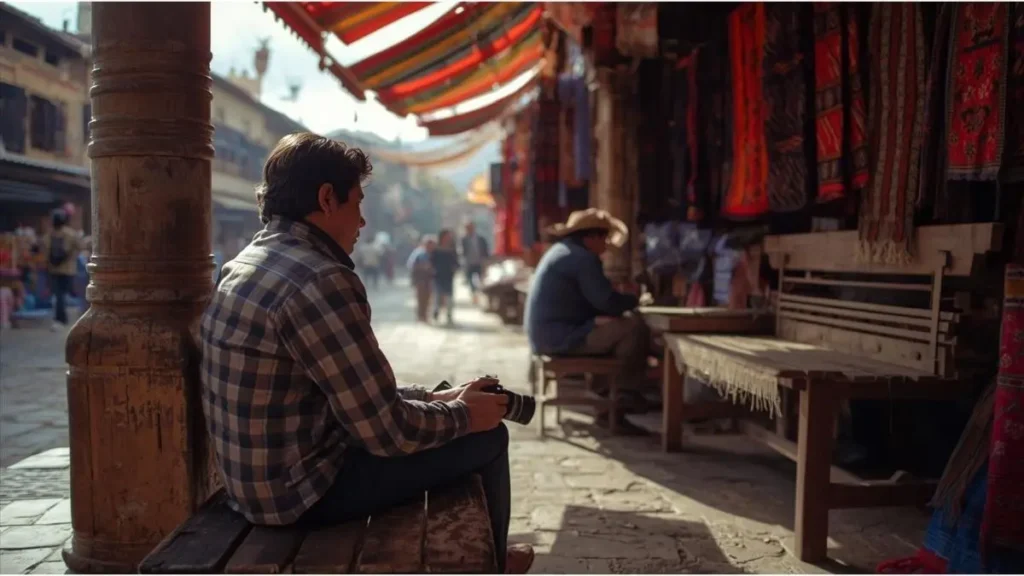 Viajante observando tejedora quechua en mercado de Pisac con cámara guardada, respetando distancia cultural