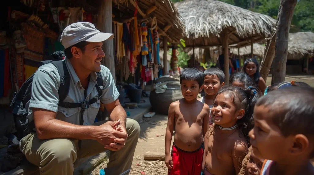 Viajante conversando com guía indígena Ese'eja em aldeia ribeirinha, rodeado de artesanías e crianças observando com curiosidade