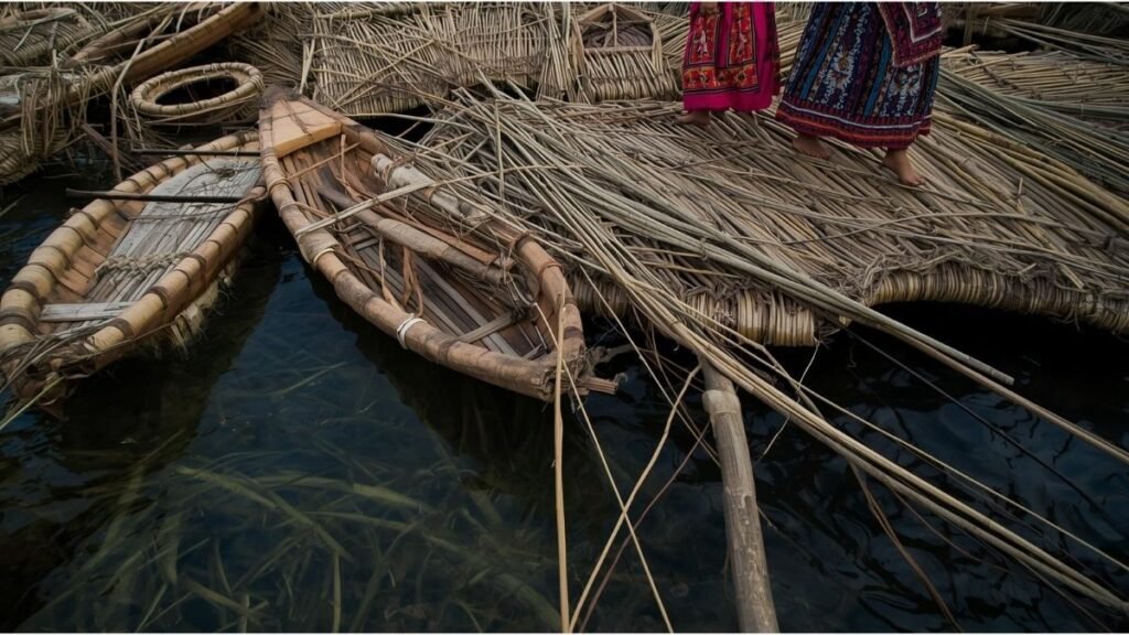Islotes flotantes de los Uros construidos con totora en el Lago Titicaca. Construidos enteramente con totora, estas islas artificiales se renuevan constantemente para evitar que se hundan
