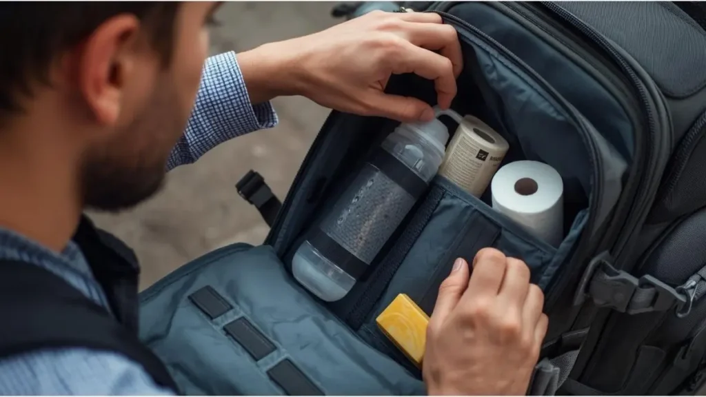Viajante preparando kit de baño portátil con botella de agua, papel higiénico y jabón en mochila abierta
