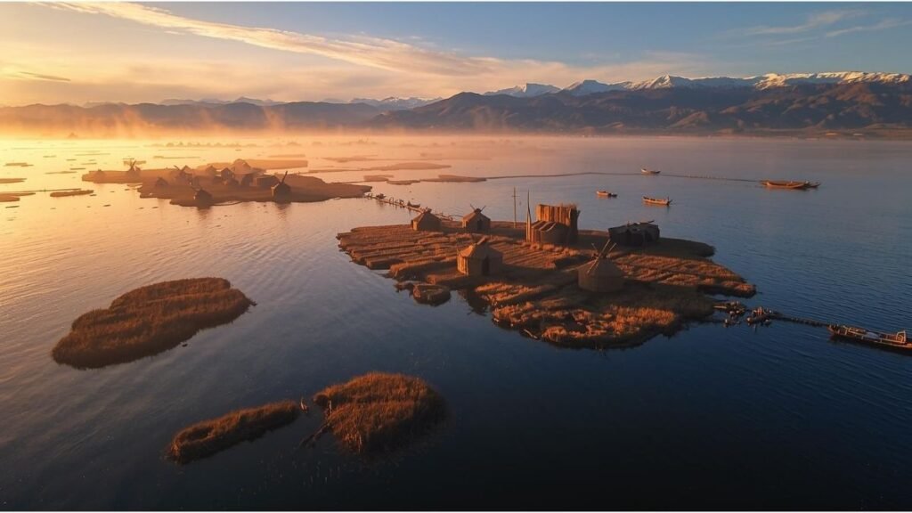 Lago Titicaca al amanecer desde vista aérea, islas flotantes y nevados andinos al fondo Localização: Após introdução, antes do primeiro subtítulo