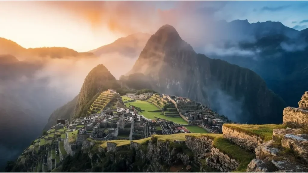 Amanhecer em Machu Picchu com névoa se dissipando sobre terrazas agrícolas e montanhas andinas, luz dourada tocando pedras milenares