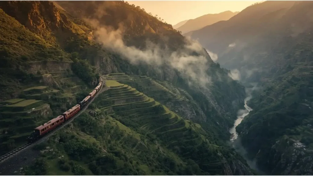 Vista panorámica del valle del Urubamba desde el tren que conduce a Aguas Calientes con andenes incas en las laderas montañosas