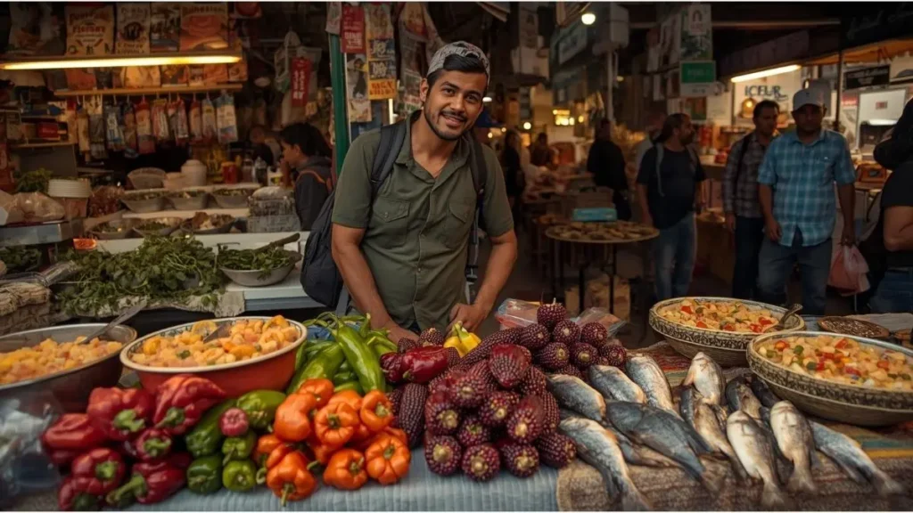Mesa colorida en mercado limeño con ceviche fresco, ajíes nativos, maíz morado y pescado recién capturado