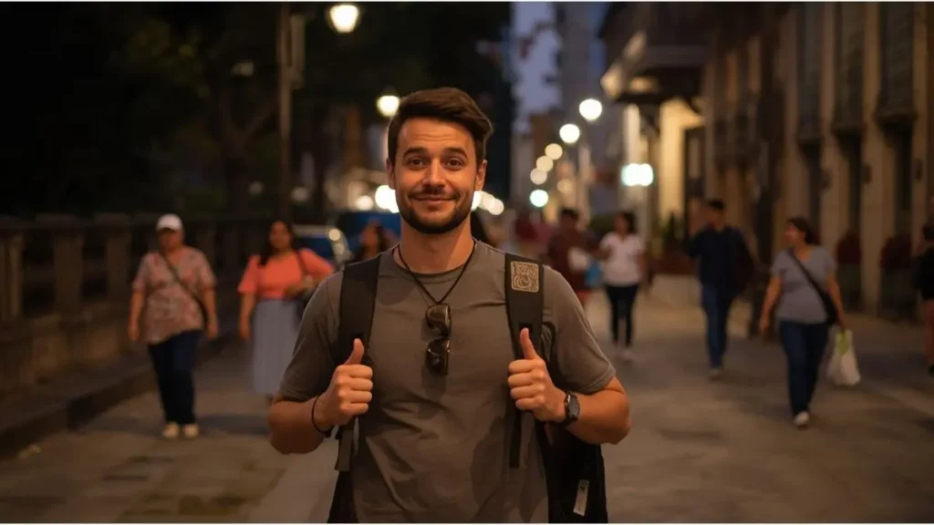 Viajante caminando por calles seguras de Miraflores al atardecer, con transeuntes locales e turistas caminhando tranquilamente