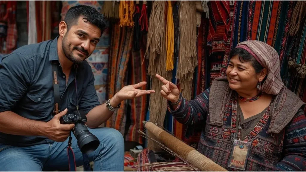 Viajante pidiendo permiso con gesto respetuoso a tejedora local en mercado de Chinchero