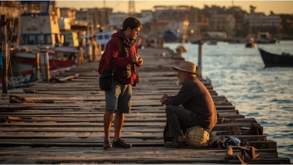 Viajante conversando con pescador en muelle de Paracas al atardecer con lobos marinos en segundo plano