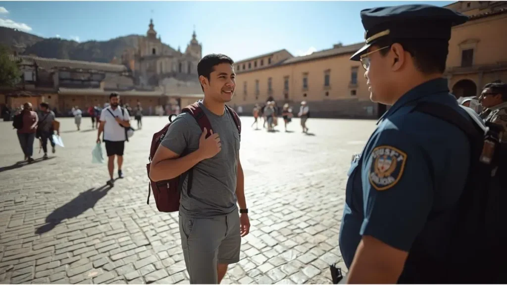 Viajante conversando com polícia turístico em praça de Cusco, com outros turistas caminhando tranquilamente ao redor