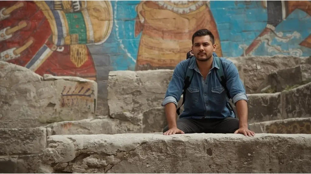 Viajante sentado em silêncio frente a mural de Sacsayhuamán, mãos apoiadas suavemente na pedra, expressão de contemplação