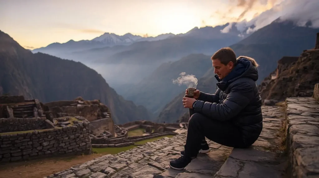 Viajante sentado en escalones de piedra cusqueña al amanecer, sosteniendo mate de coca humeante, con silueta de montañas andinas al fondo