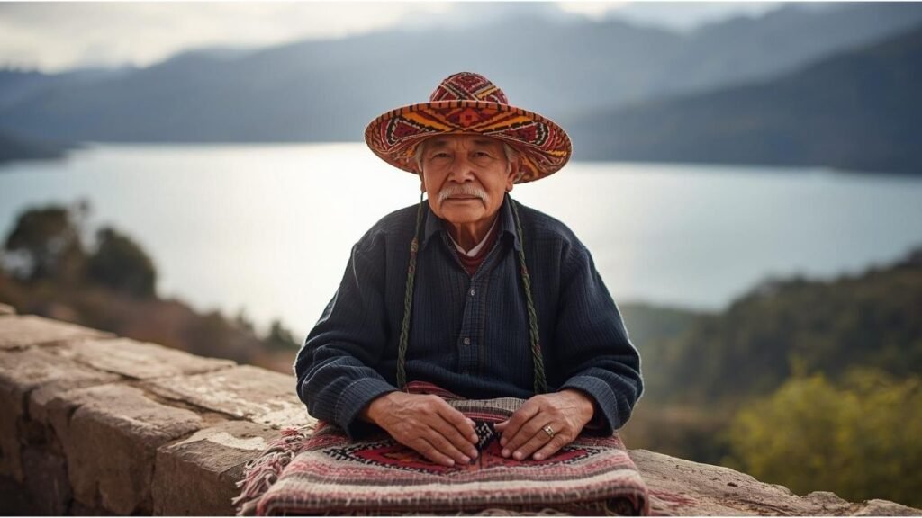 Tejedor de la isla de Taquile mostrando un chullo con diseños que narran su estado civil, comunidad y cosmovisión aimara