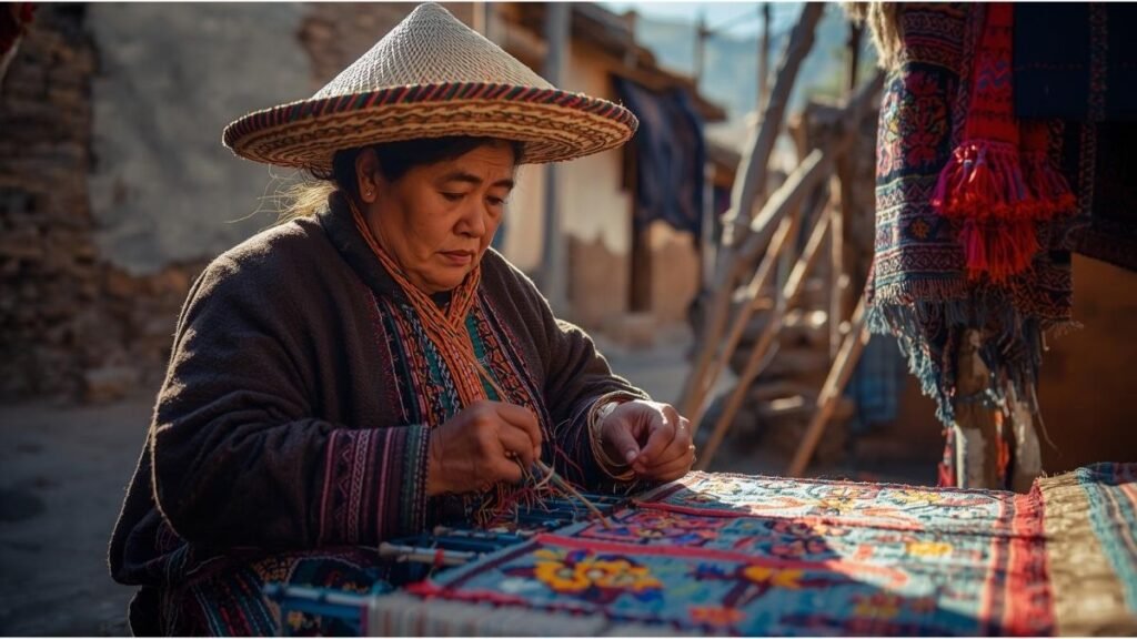 Tejedora collagua en aldea del valle del Colca con montera tradicional