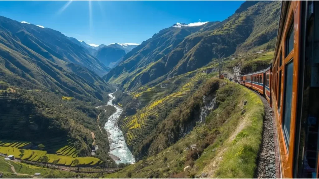 Vista desde tren panorámico descendiendo por el valle sagrado con andenes incas y río Urubamba visible